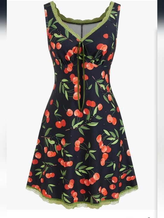 Cider Dresses & Skirts - Cider Black Cherry Print Tank Dress Olive Lace Large Fruit Vacation